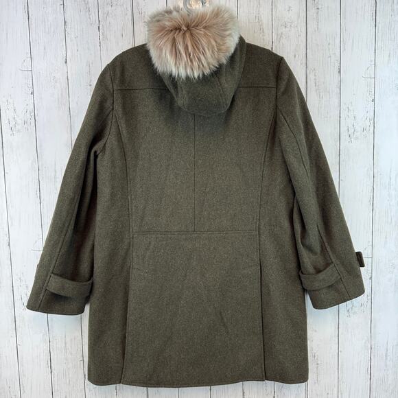 VTG J. Crew Army Green Wool Toggle Closure Duffle Coat with Fur Hood Size Large - Picture 3 of 13